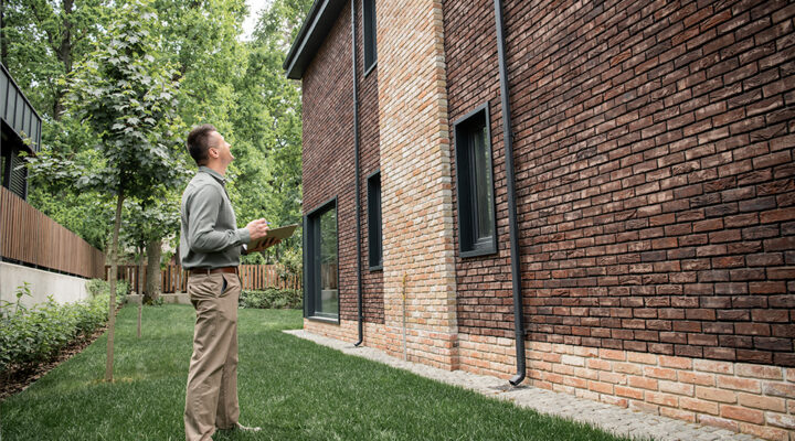 A man in khaki pants and a green shirt stands on a well-kept grassy lawn, looking up at a two-story brick house. The house has contrasting dark and light brick sections and several windows. A small tree and a wooden fence are visible in the background.